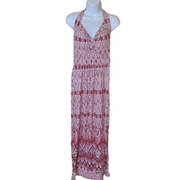 ---  Red White Maxi Length Halter Beach  Dress Size Medium - Picture 1 of 5